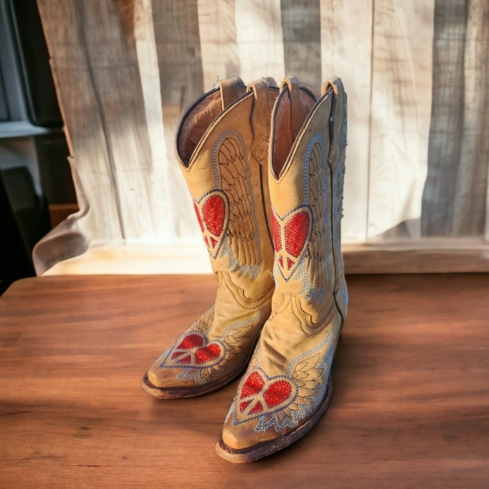Corral Boots Cowboy Western Leather Heart Peace Wings Teen Size 4